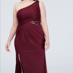 David's Bridal Maroon One-Shoulder Mesh Dress with Lace Inset
